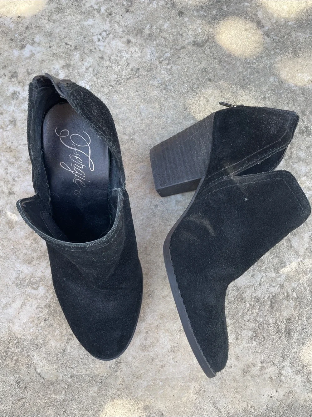 Fergie Black Suede Chunky Heel Ankle Booties